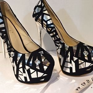 STILETTO HEELS BLACK Mirrored Rhinestone Shoes Platform ‎ sz.7